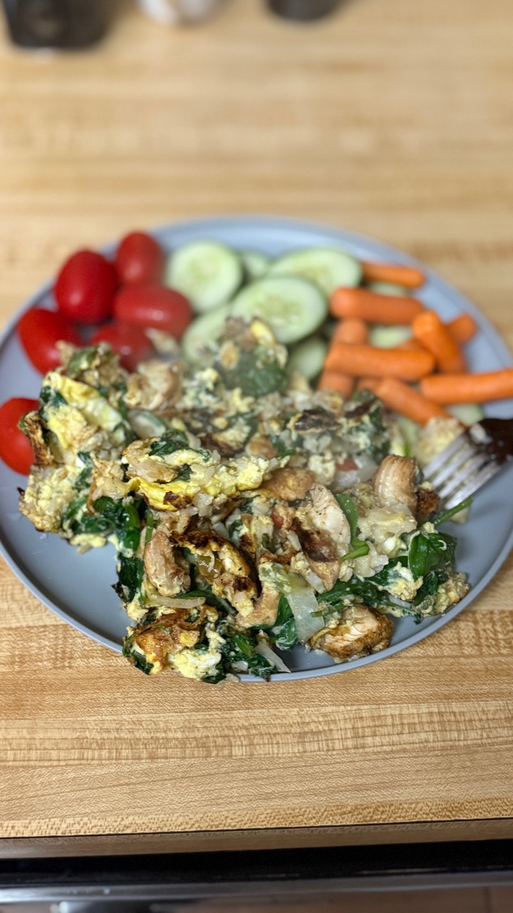 Chicken, spinach and vegetables on a plate